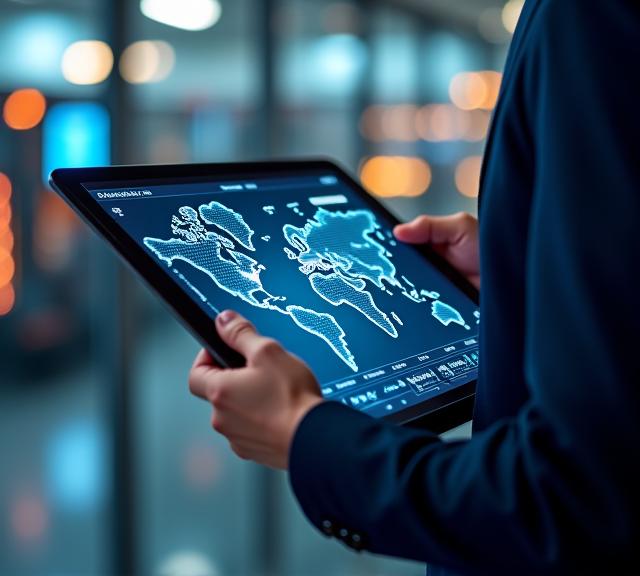 A sleek dashboard on a tablet showing a world map with shipment tracking points.